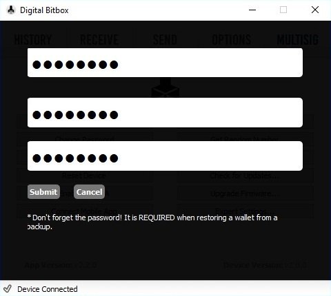 Digital Bitbox password change submit