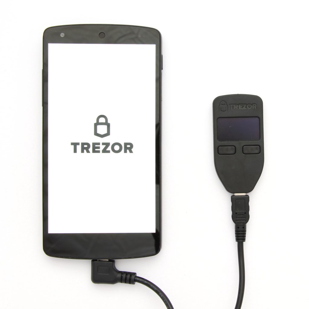 TREZOR Cardboard supplied USB OTG cable connected